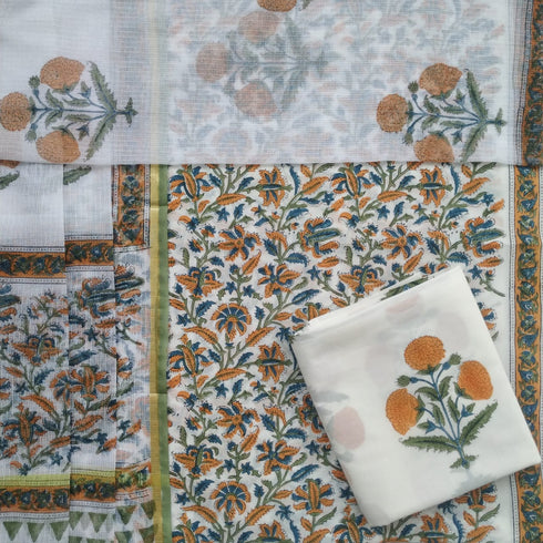 Designer Hand Block Print Cotton Suit Set with Kota Doria Dupatta (3CKD48)